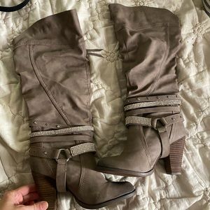 Tan rhinestone buckle boots with heel